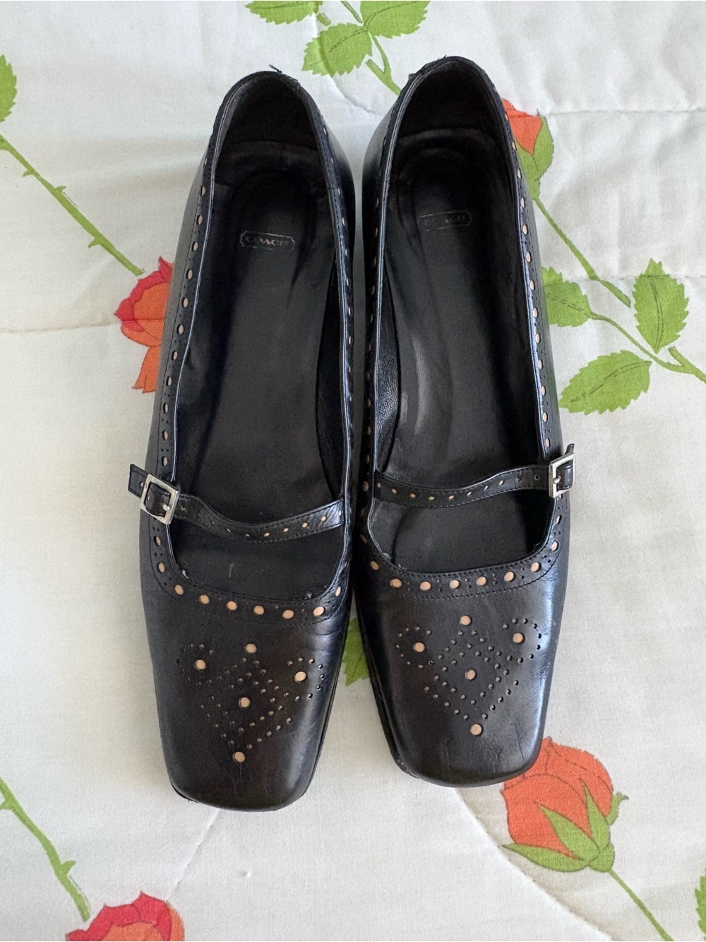 Coach Black Mary Jane Leather Flats with Stud Detail